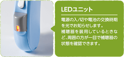 LEDユニット　電源の入/切や電池の交換時期を光でお知らせします。補聴器を装用しているときなど、周囲の方が一目で補聴器の状態を確認できます。